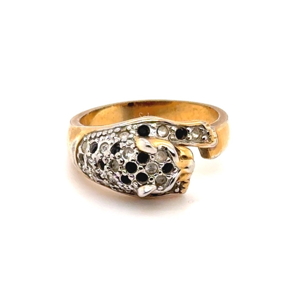 Vintage Panther Head Rhinestone Ring Gold Tone Leopard Animal Motif Size 8